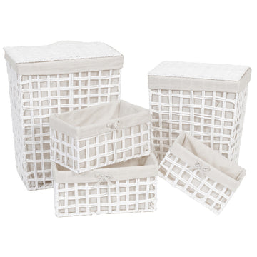 Set de 5 Coșuri din Hârtie Împletită cu Linii Deschise și Rectangulare - Natural/Țesătură Alb