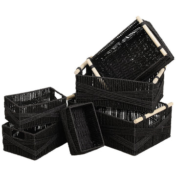 Set de 6 Coșuri din Hârtie cu Mânere din Lemn - Negru