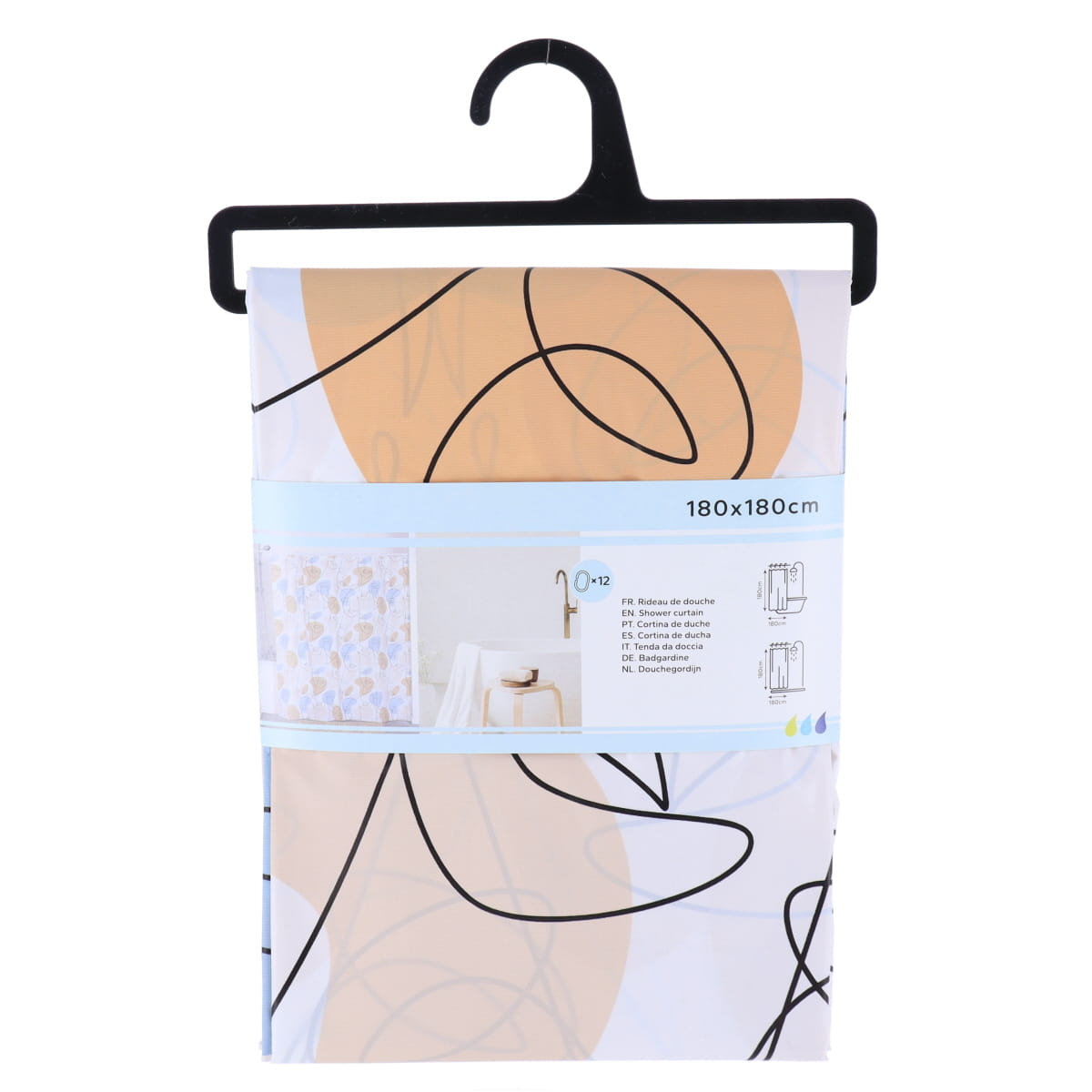 Draperie de duș PEVA 180x180 cm cu 12 inele – model Mathis