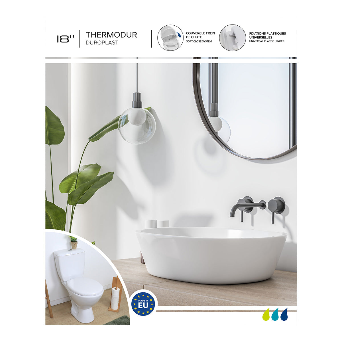 Capac WC din duroplast 18” – sistem Soft Close – balamale din plastic – alb