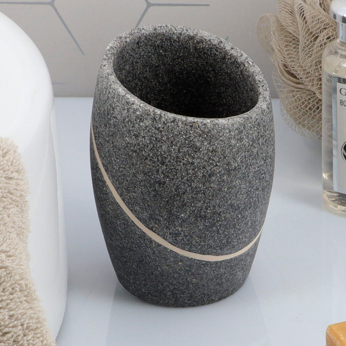 Pahar de baie rotund din polirășină cu efect de piatră – gri