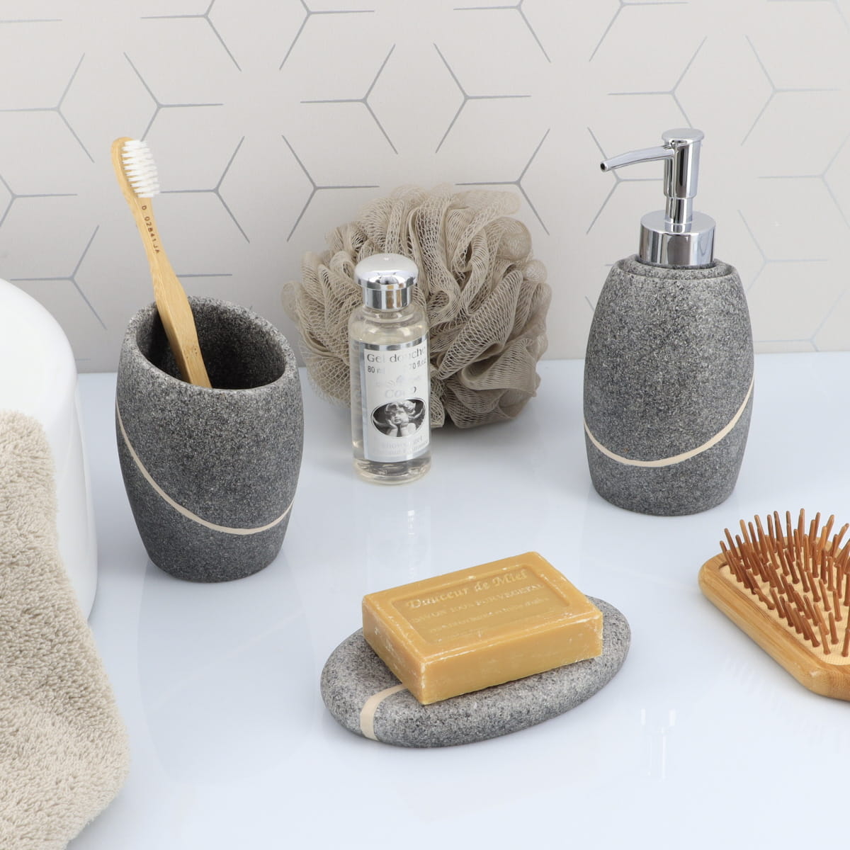 Pahar de baie rotund din polirășină cu efect de piatră – gri