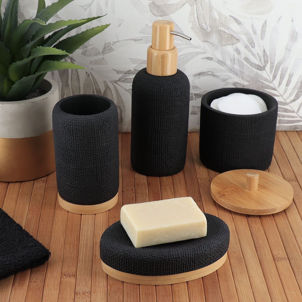 Pahar de baie rotund din polirășină cu efect plasă și bambus – negru