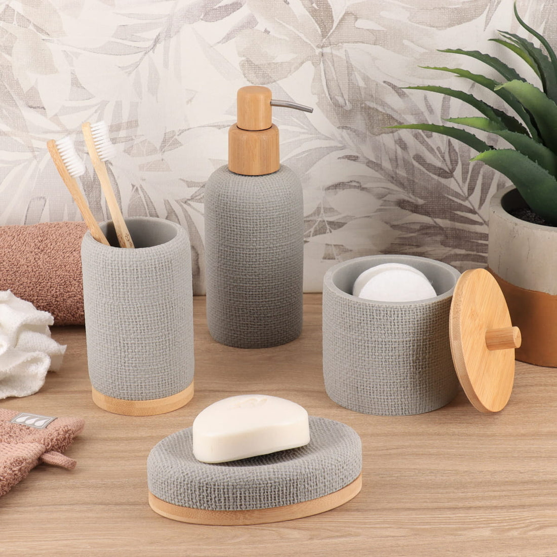 Pahar de baie rotund din polirășină cu efect plasă și bambus – gri