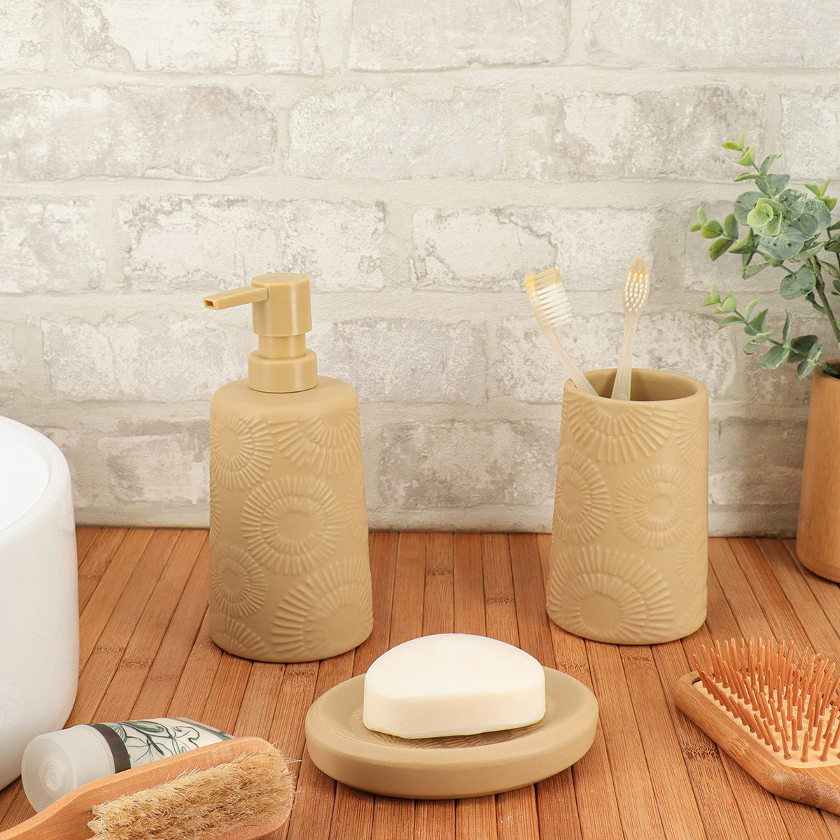 Dispenser rotund din ceramică – model spirală etnică – 430 ml – bej