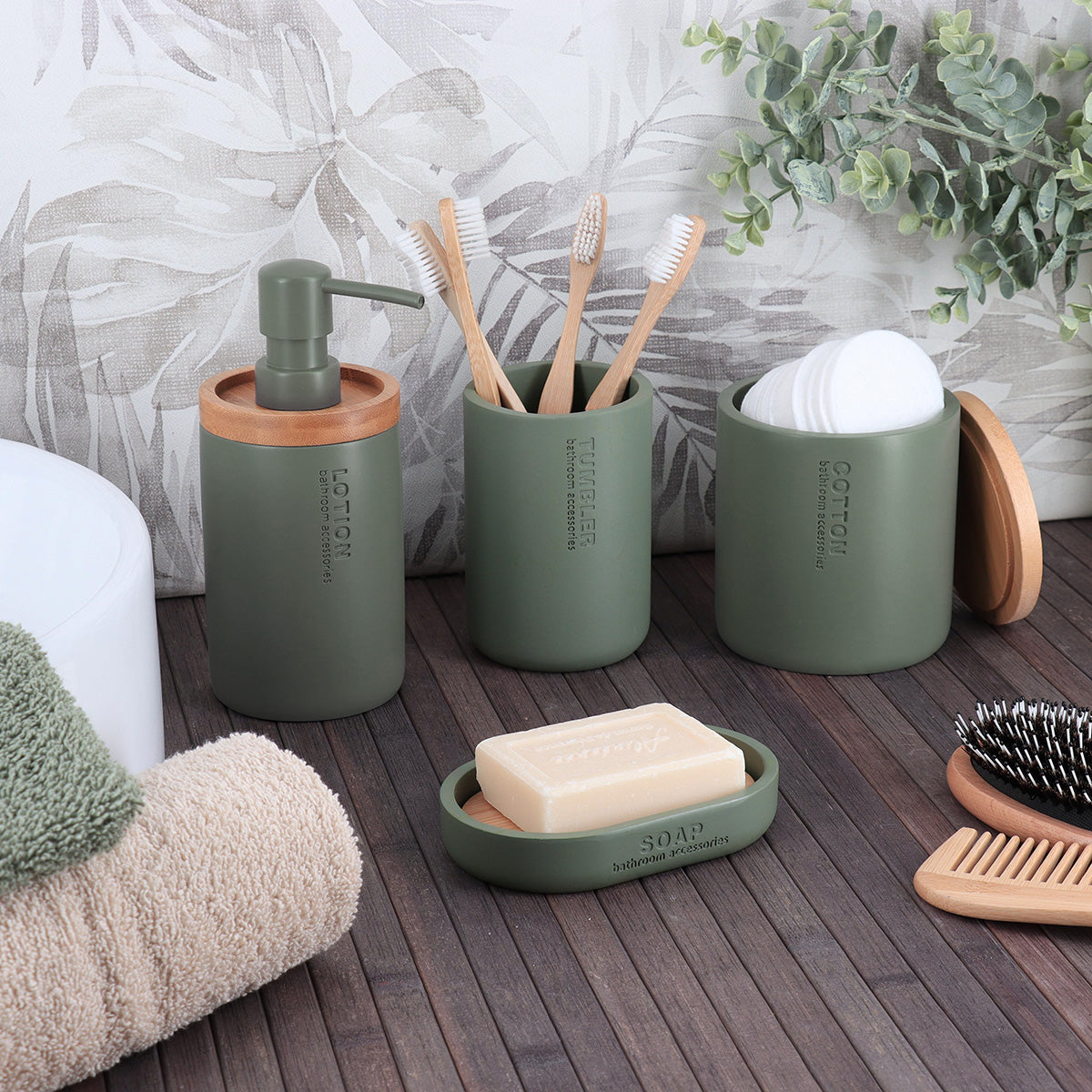 Dozator săpun Timeless din rășină și bambus – Kaki