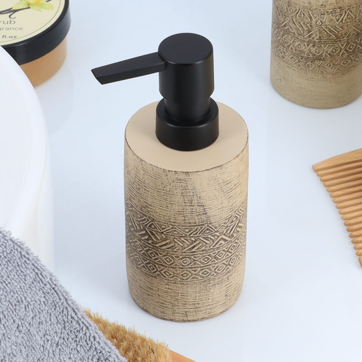 Dispenser din ciment – decor etnic – 160 ml – natural