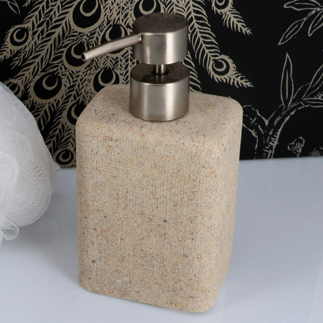 Dispenser de săpun rectangular din polirășină cu efect nisip 360 ml – natural