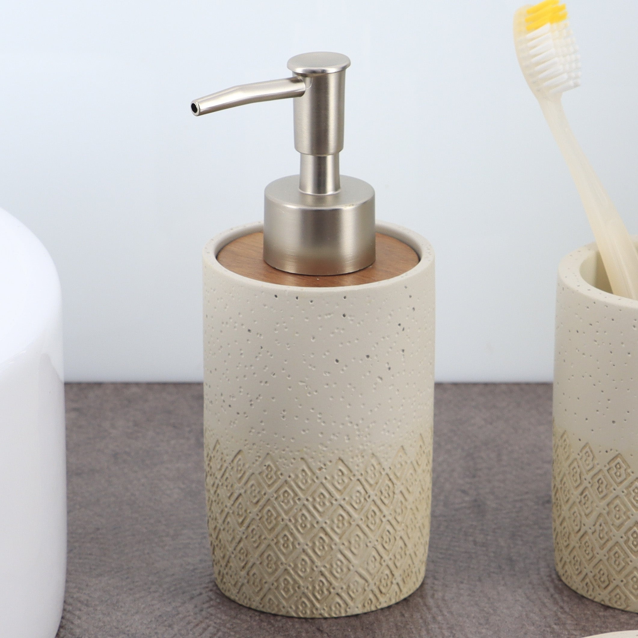 Dispenser de săpun rotund din polirășină – natural/acacia