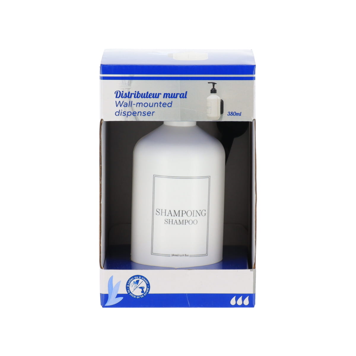 Dispenser plastic pentru șampon 380 ml cu suport de perete – Alb