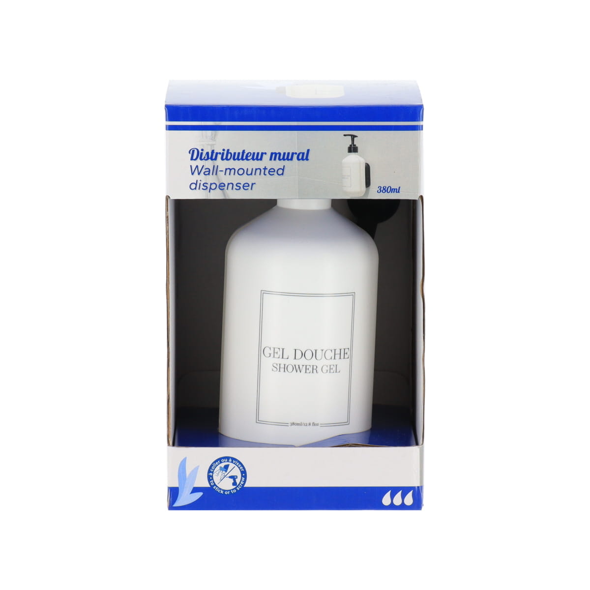 Dispenser plastic pentru gel de duș 380 ml cu suport de perete – Alb