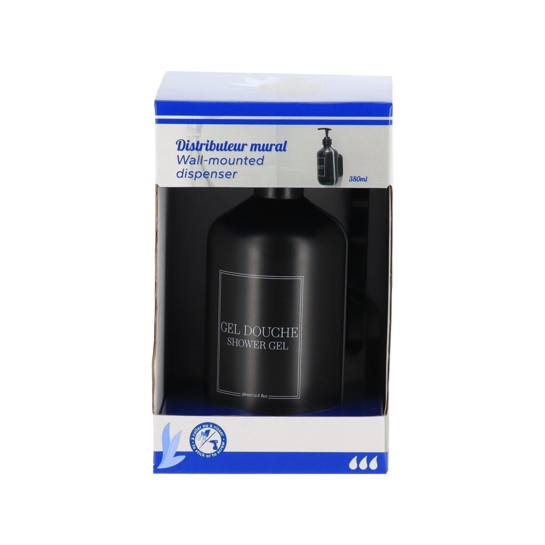 Dispenser plastic pentru gel de duș 380 ml cu suport de perete – Negru