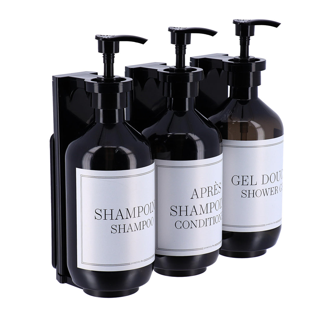 Set 3 dispensere pentru gel de duș 500 ml cu suport de perete – Negru