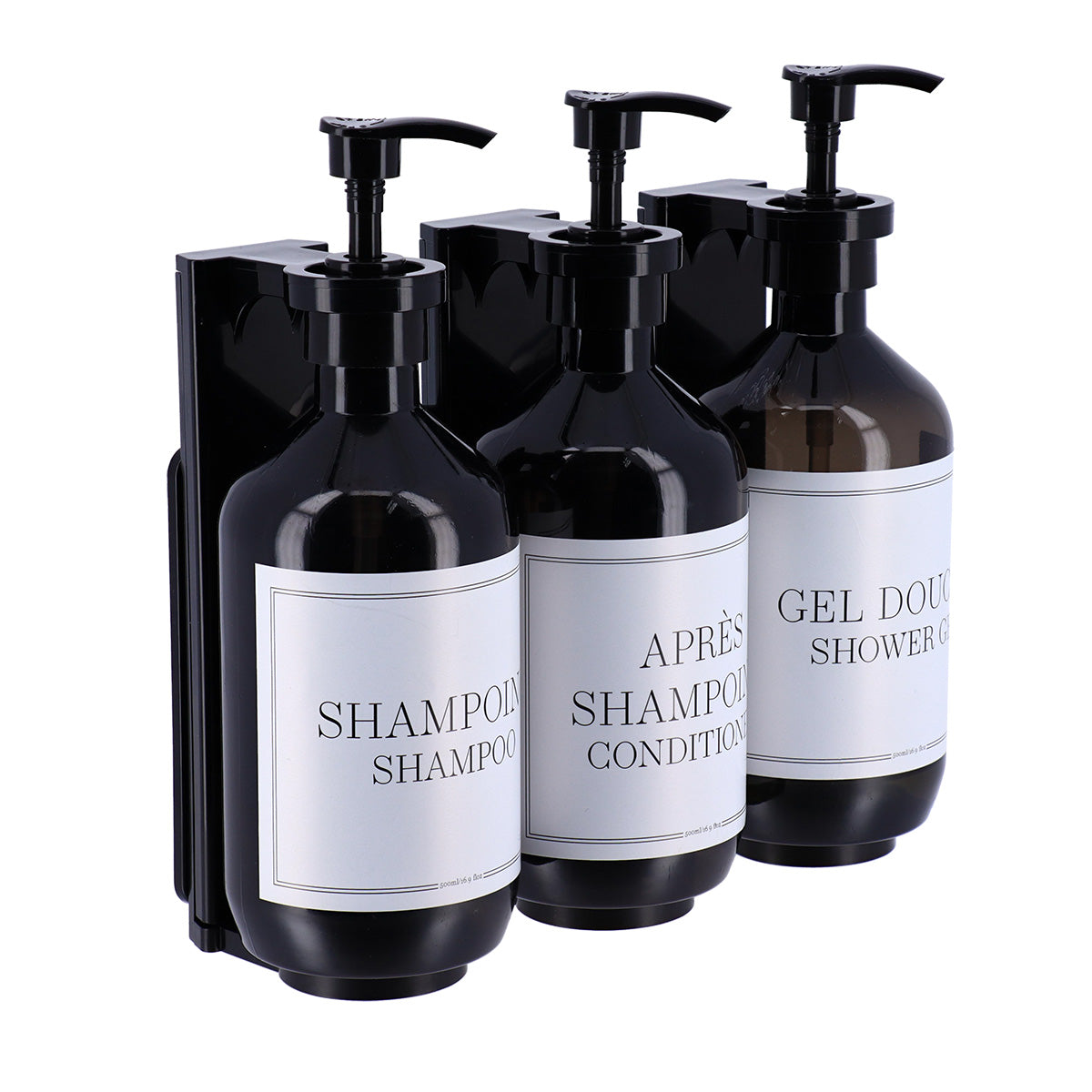 Set 3 dispensere pentru gel de duș 500 ml cu suport de perete – Negru