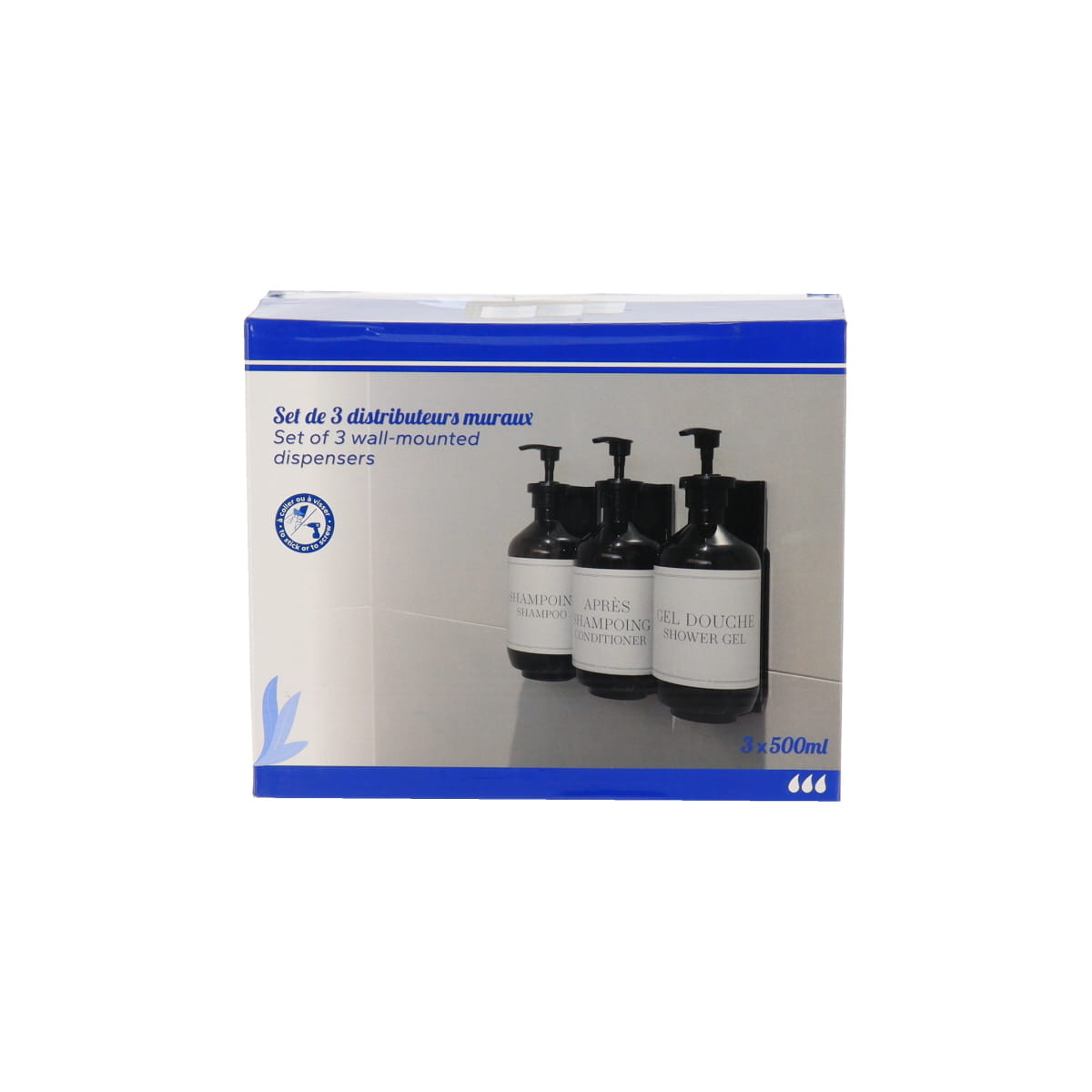 Set 3 dispensere pentru gel de duș 500 ml cu suport de perete – Negru