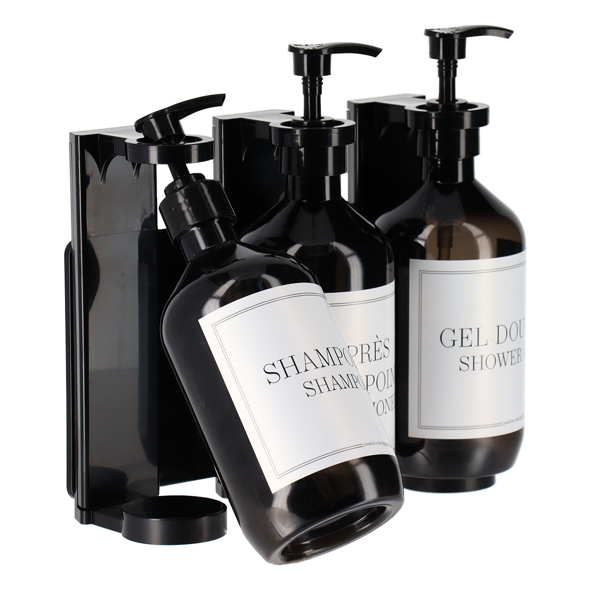 Set 3 dispensere pentru gel de duș 500 ml cu suport de perete – Negru