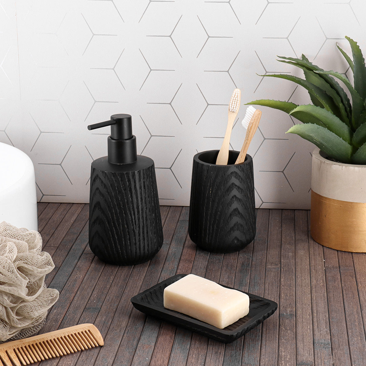 Dispenser Săpun Din Polirasină Efect Lemn 350ml – Negru