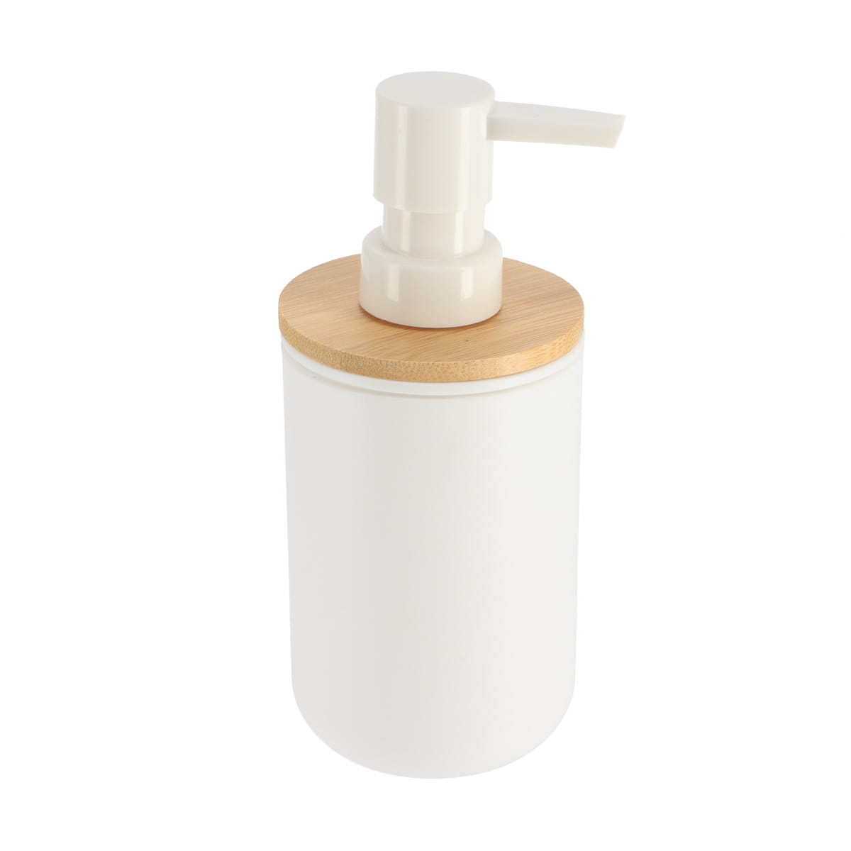 Dispenser săpun din plastic PS cu capac bambus 300 ml – alb / bambus