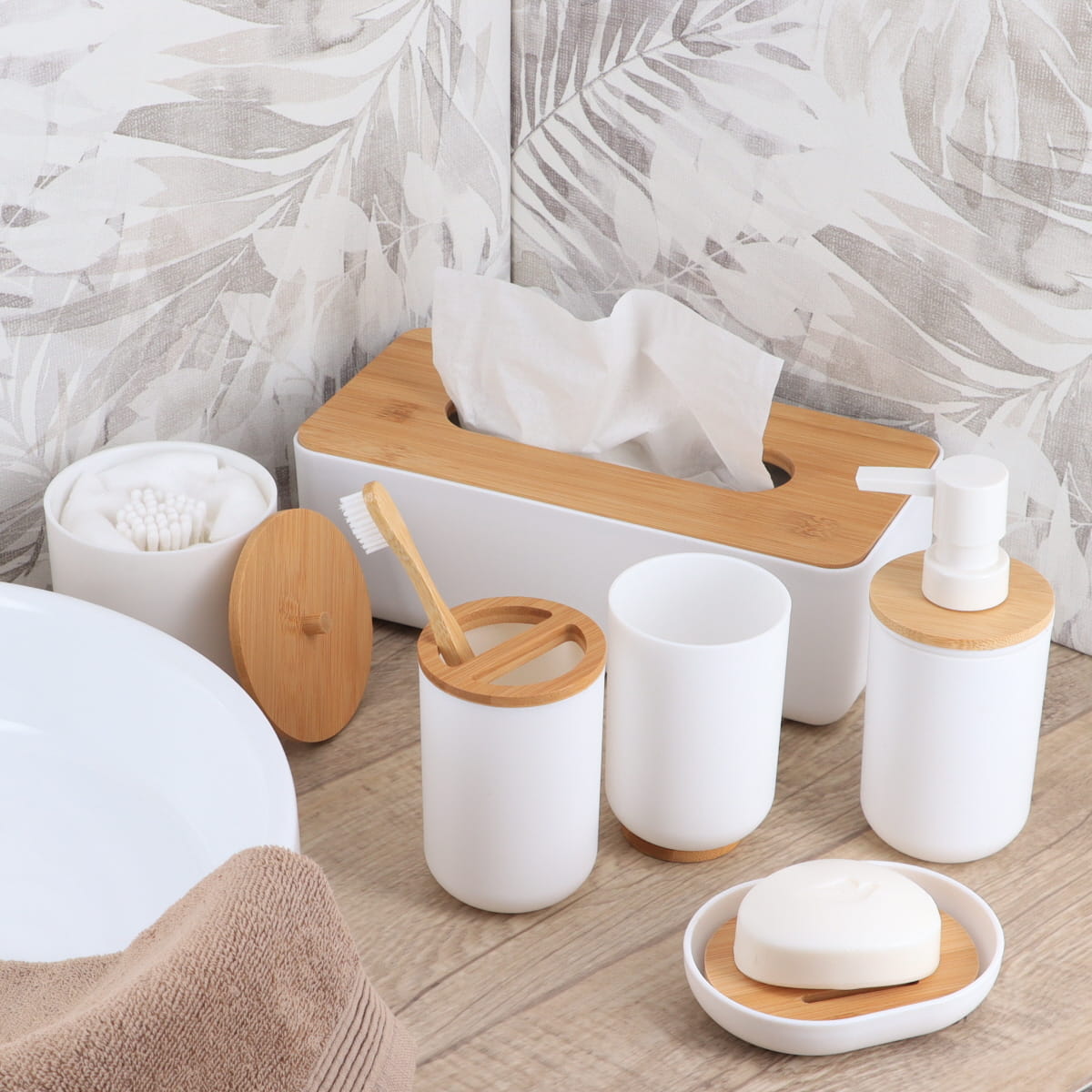 Suport periuțe din plastic PS cu capac bambus – alb / bambus