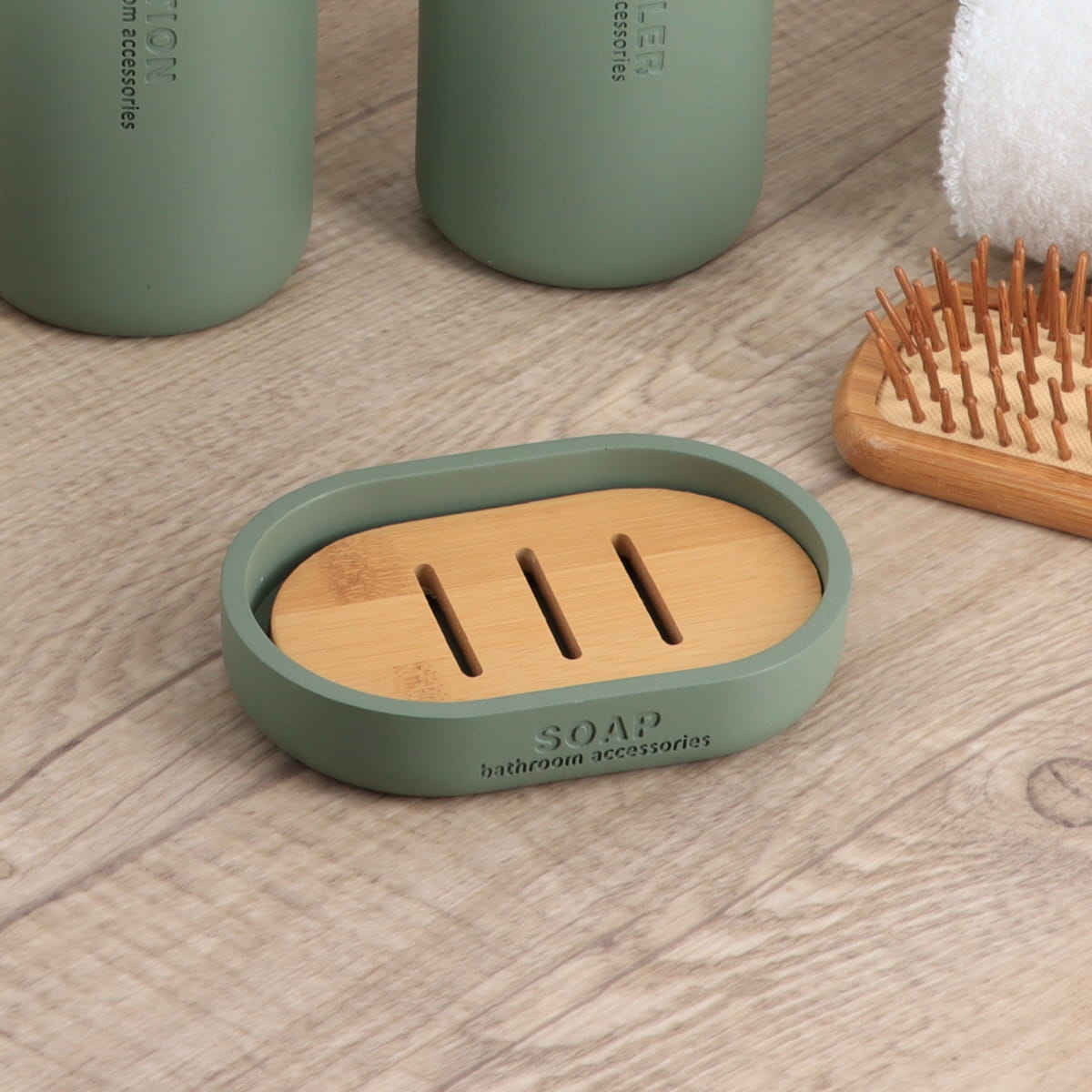 Săpunieră ovală Timeless din polirășină și bambus – Kaki