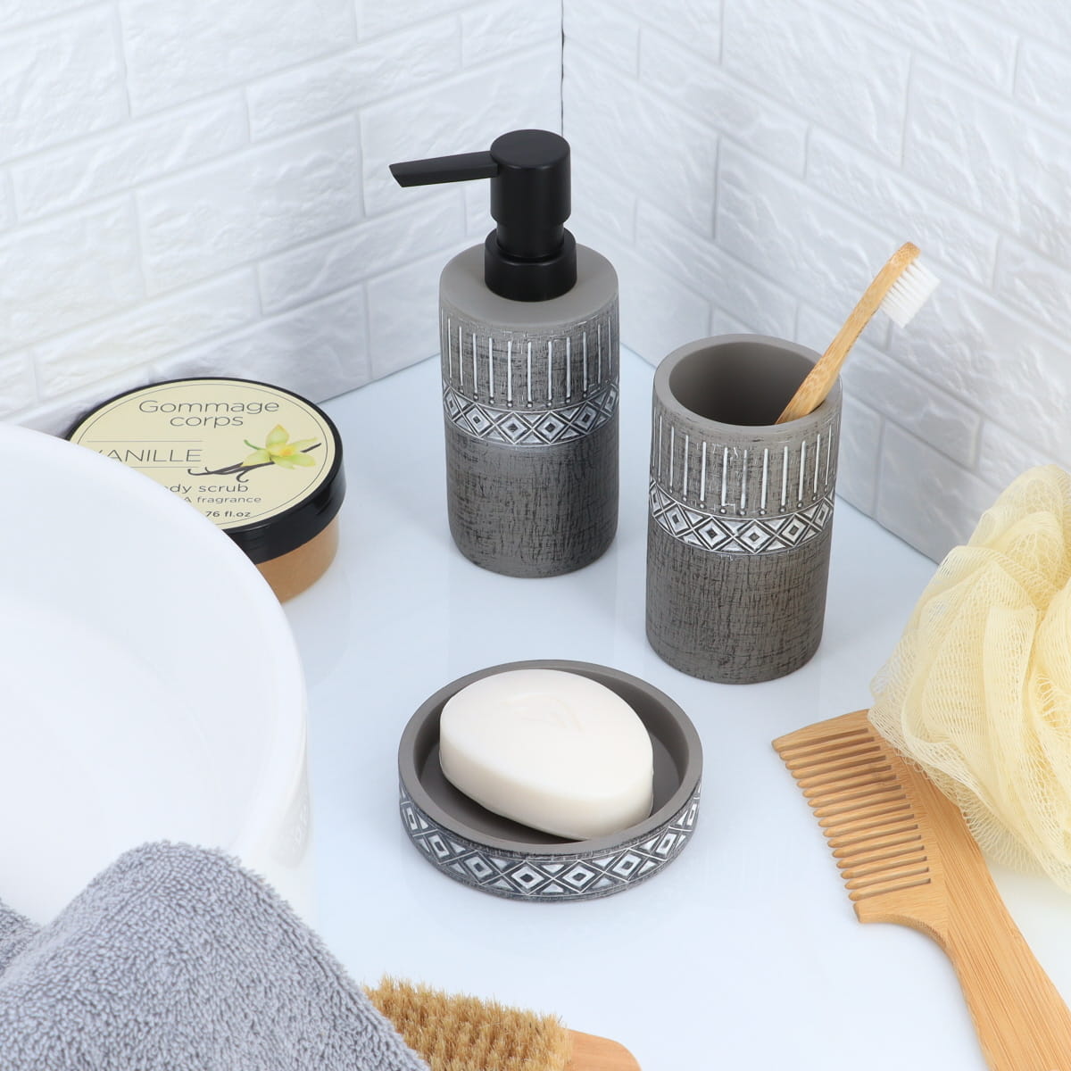 Dispenser din ciment – decor geometric – 160 ml – gri