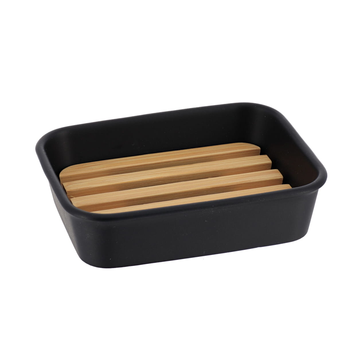 Săpunieră din polirășină – negru mat cu bambus