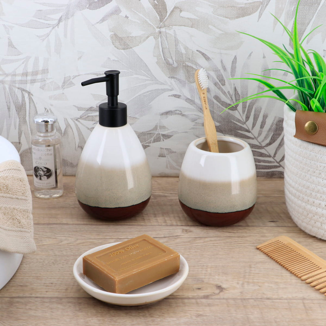 Săpunieră rotundă tricoloră din dolomită – maro/bej