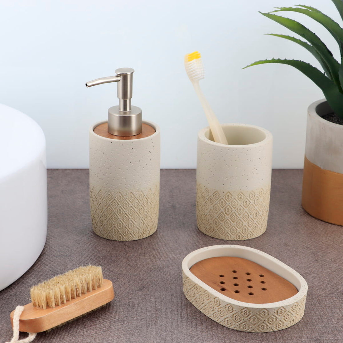 Dispenser de săpun rotund din polirășină – natural/acacia