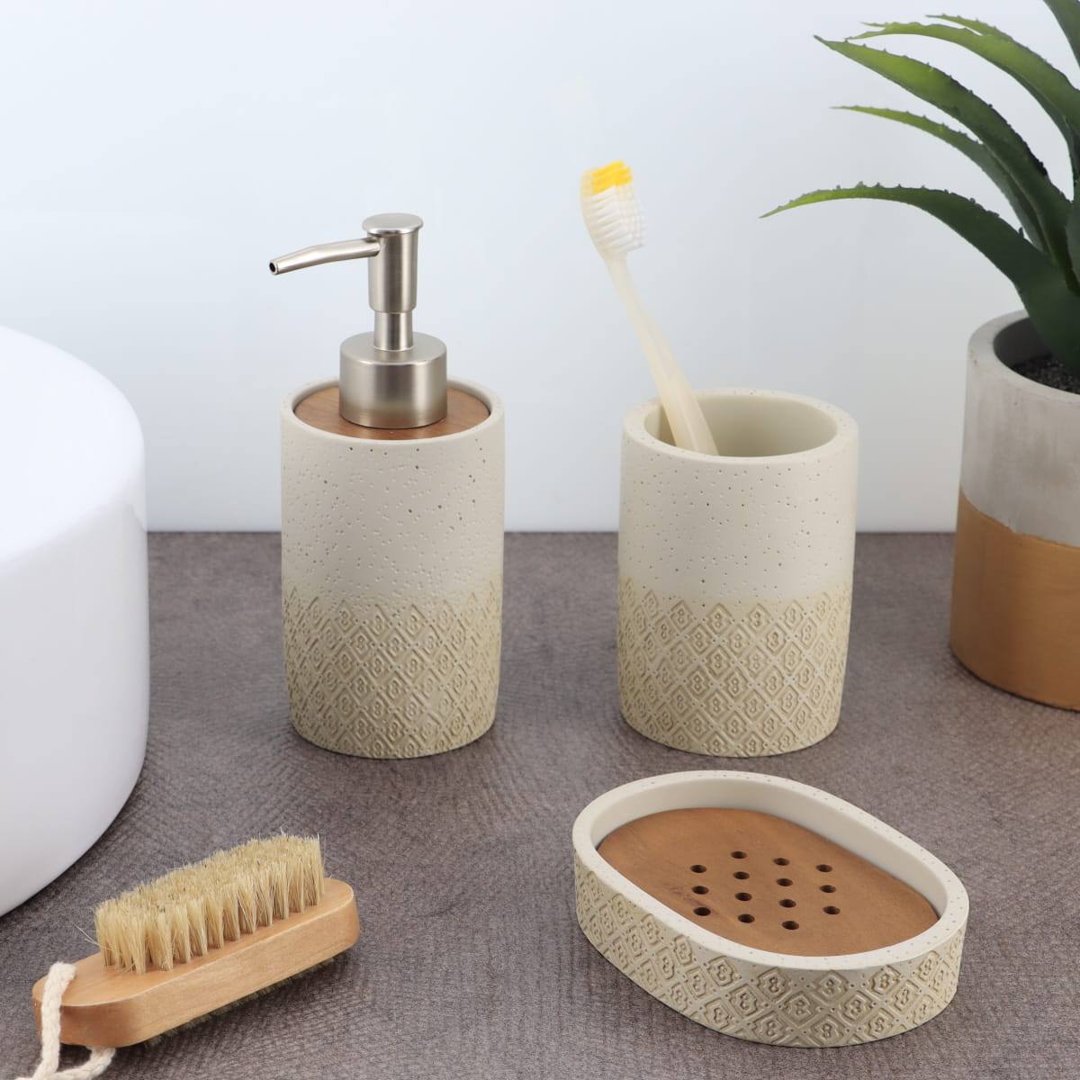 Dispenser de săpun rotund din polirășină – natural/acacia