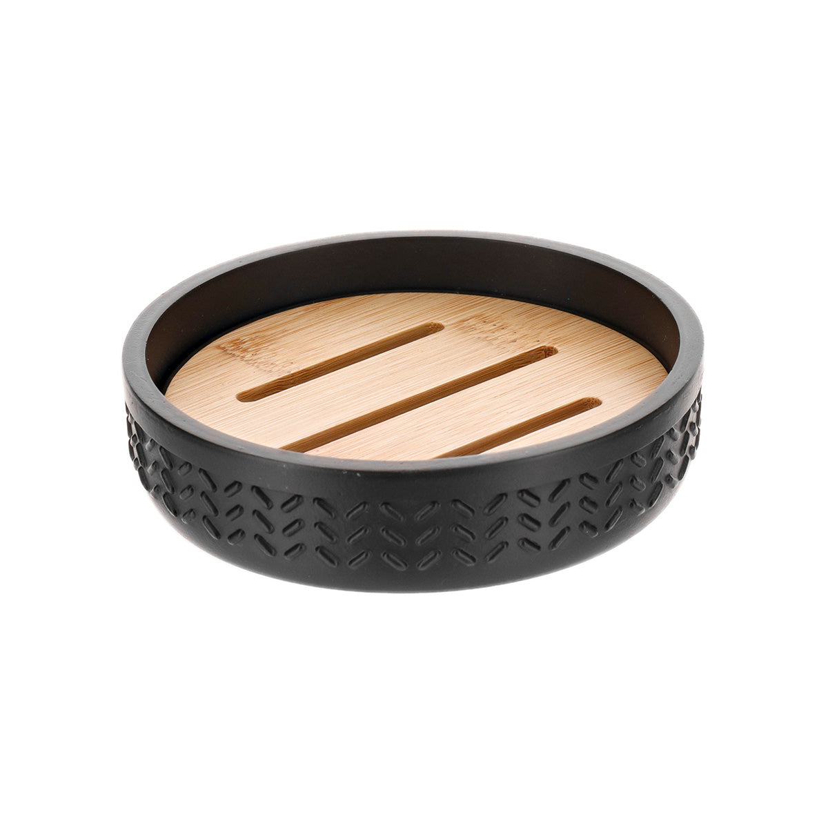 Săpunieră rotundă din polirășină și bambus – negru