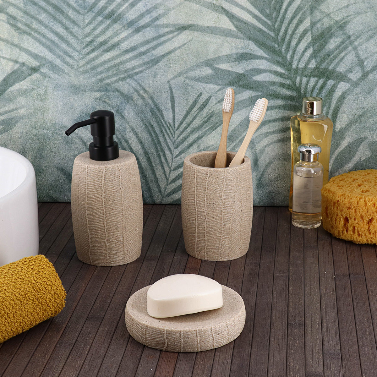 Dispenser de săpun din polirășină cu efect frunză 330 ml – natural