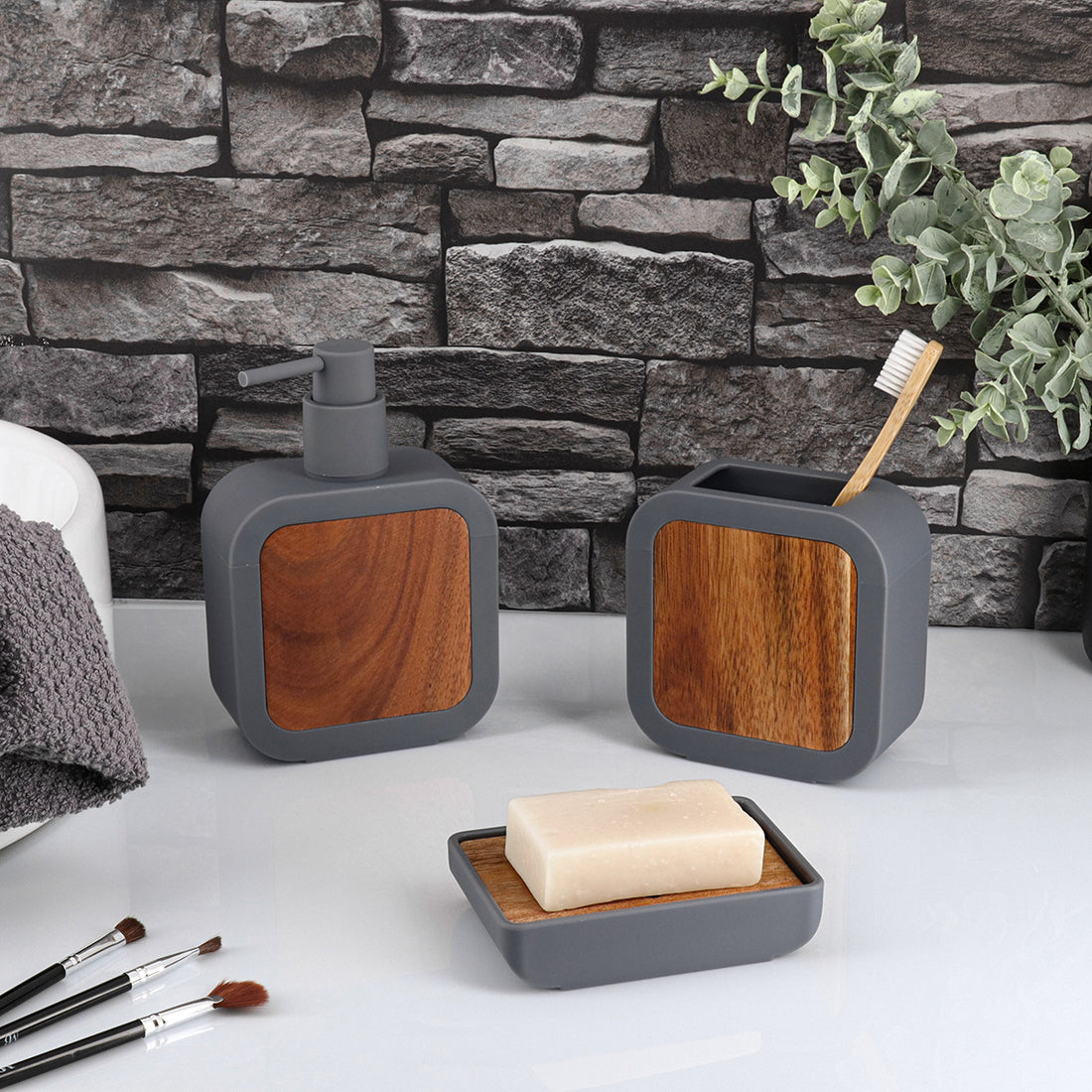 Săpunieră rectangulară din cauciuc, ABS și bambus – gri
