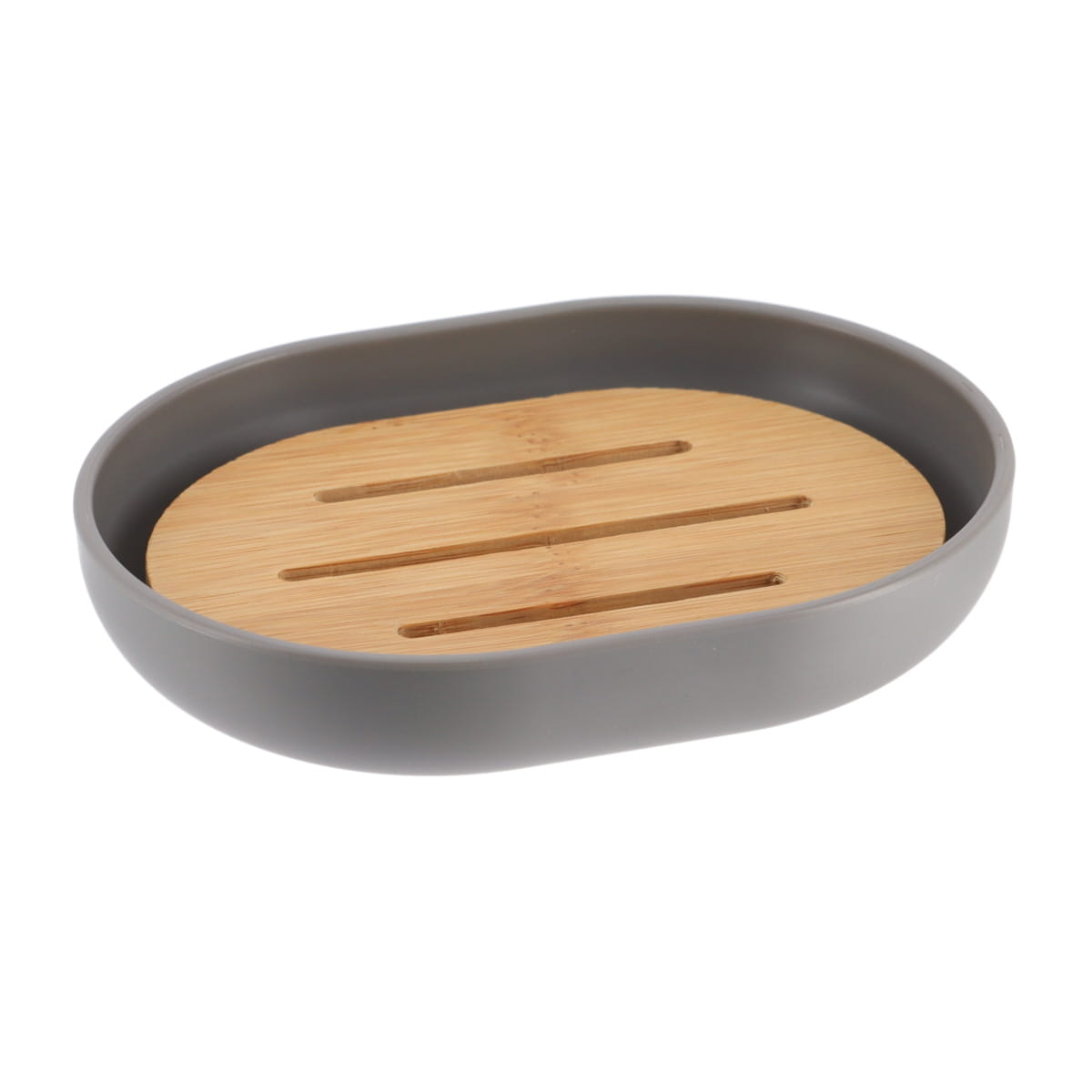 Savonieră ovală din plastic PS cu interior bambus – gri / bambus