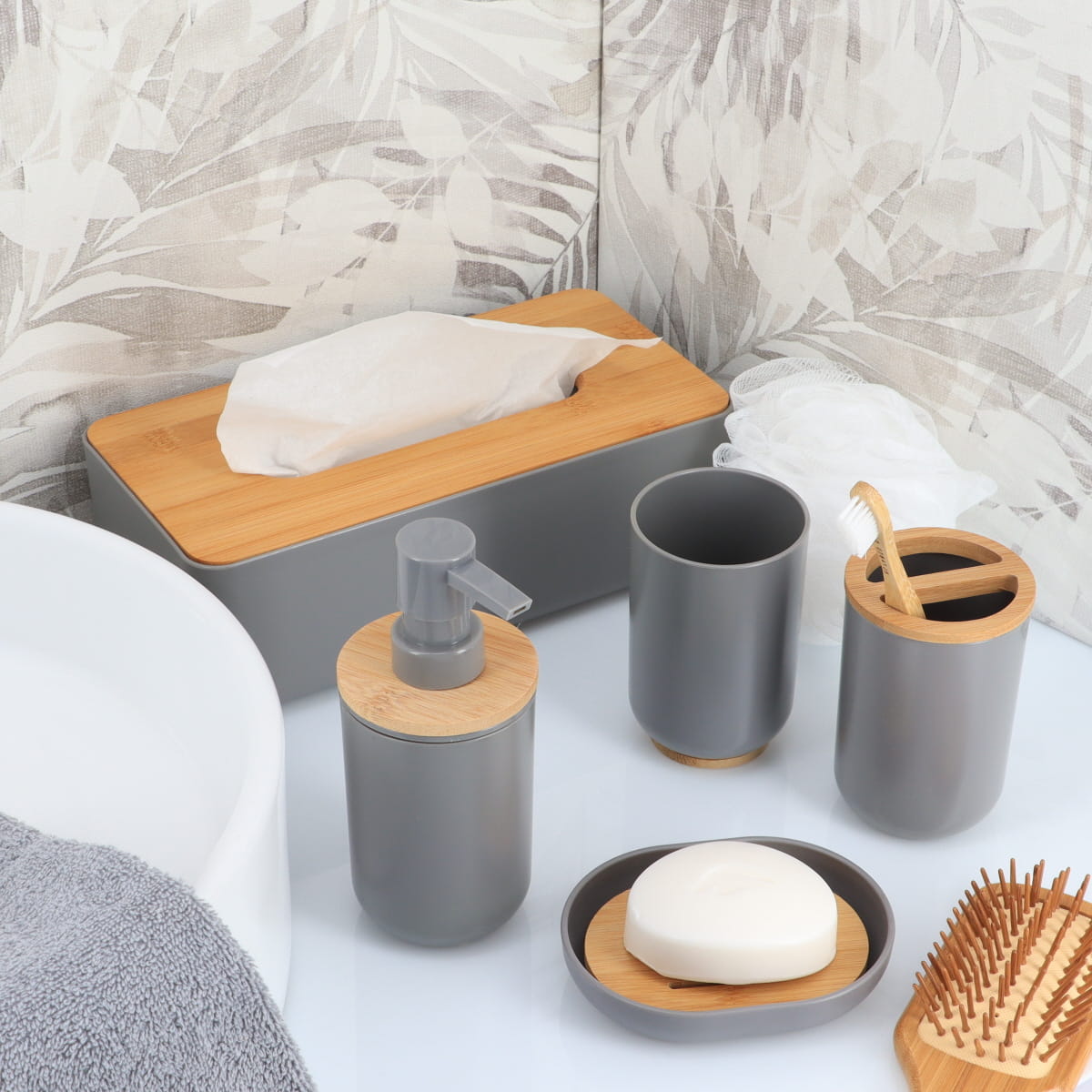 Savonieră ovală din plastic PS cu interior bambus – gri / bambus