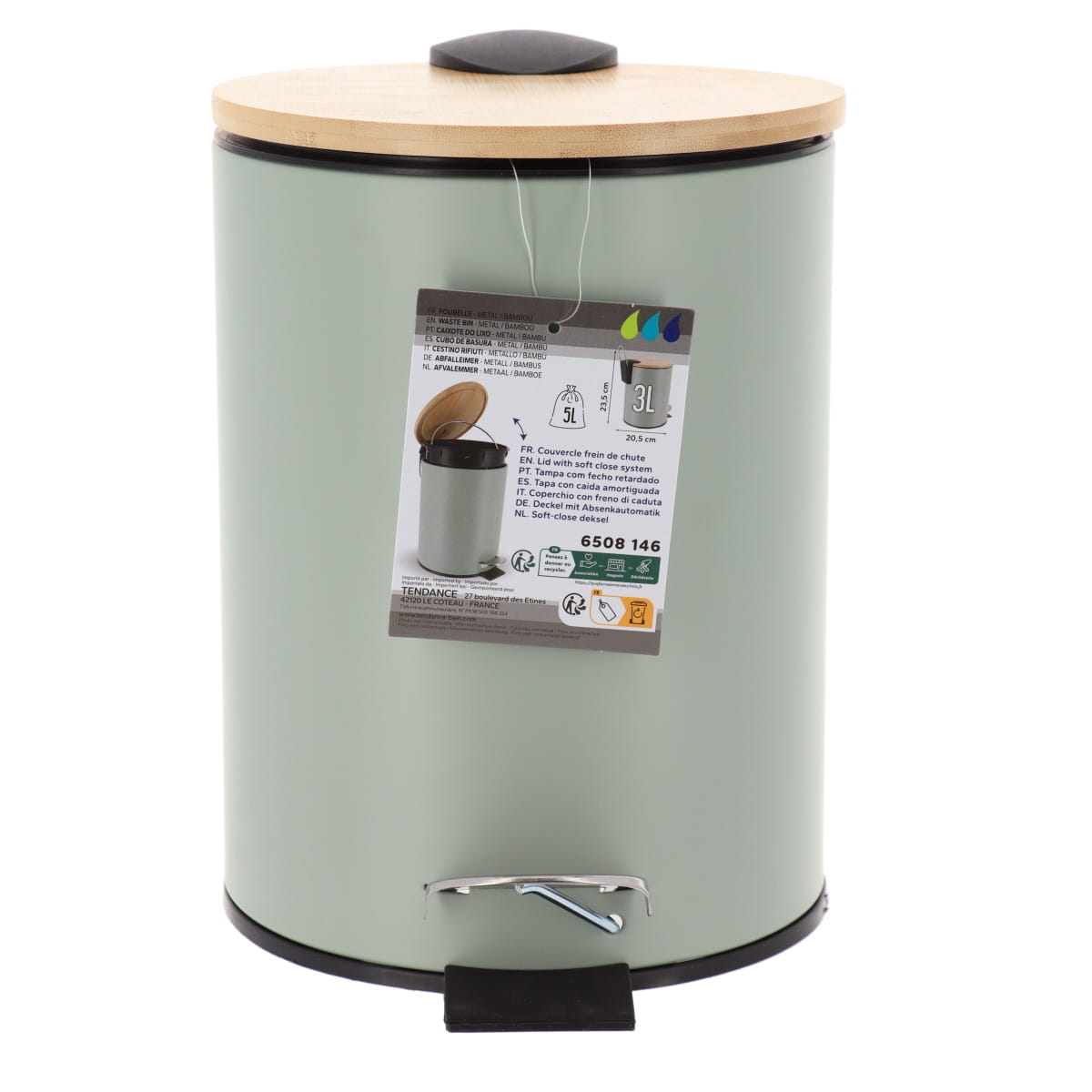 Coș de gunoi din metal 3L – capac bambus – sistem soft close – culoare EUCALYPTUS GREEN