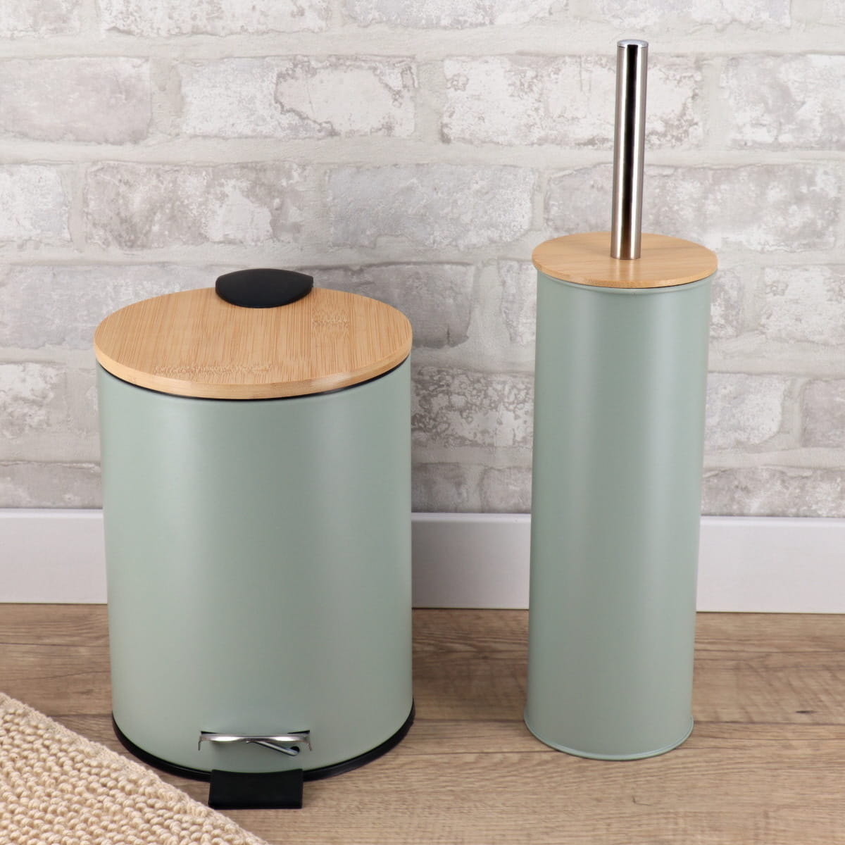 Coș de gunoi din metal 3L – capac bambus – sistem soft close – culoare EUCALYPTUS GREEN