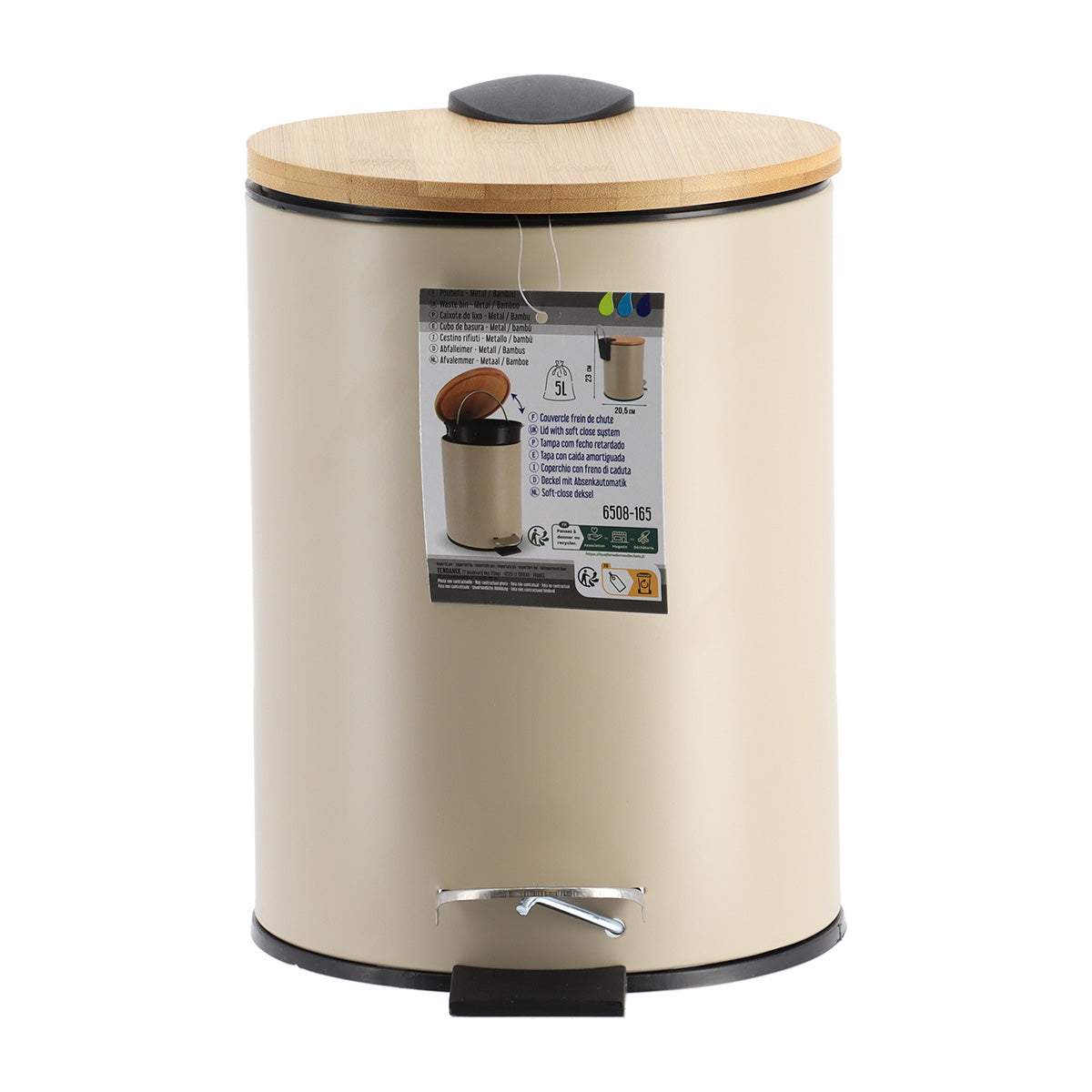 Coș de gunoi din metal 3L – capac bambus – sistem soft close – culoare TAUPE