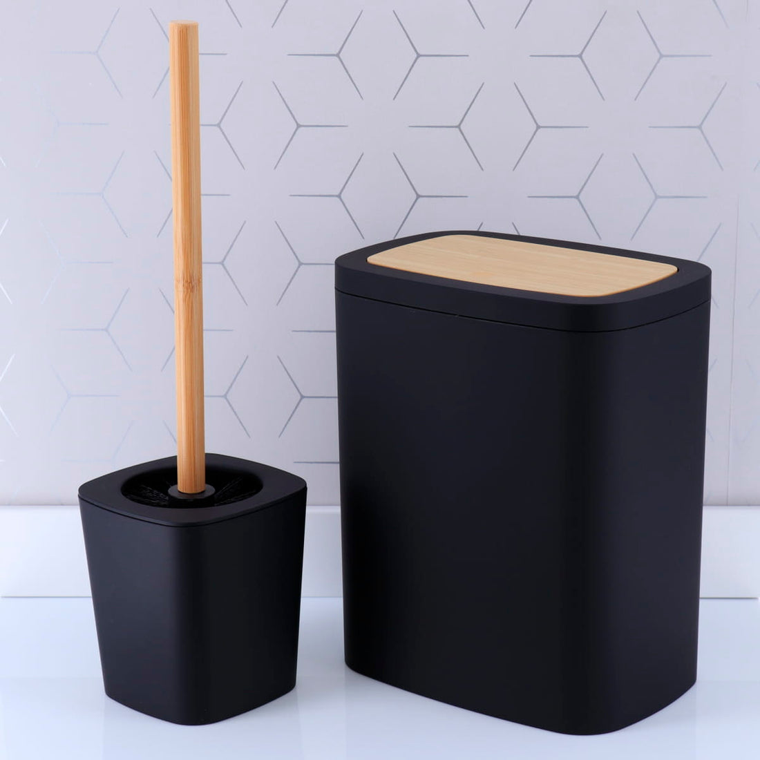 Coș de gunoi din cauciuc, ABS și PVC efect bambus – negru