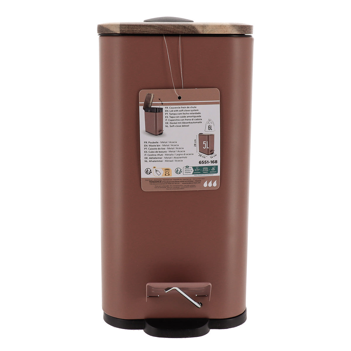 Coș de gunoi dreptunghiular din metal cu închidere lentă și capac acacia 5L – AMBER