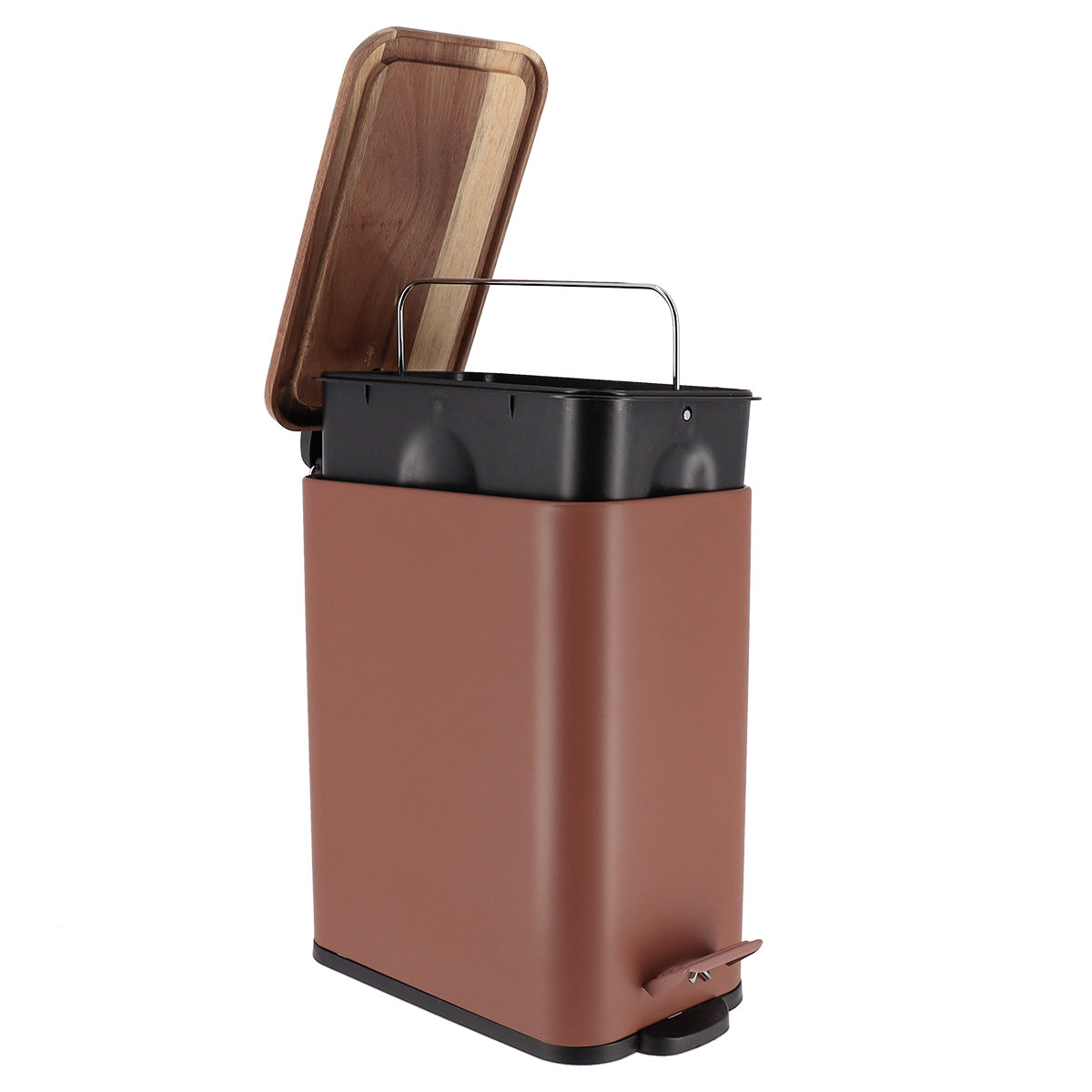 Coș de gunoi dreptunghiular din metal cu închidere lentă și capac acacia 5L – AMBER