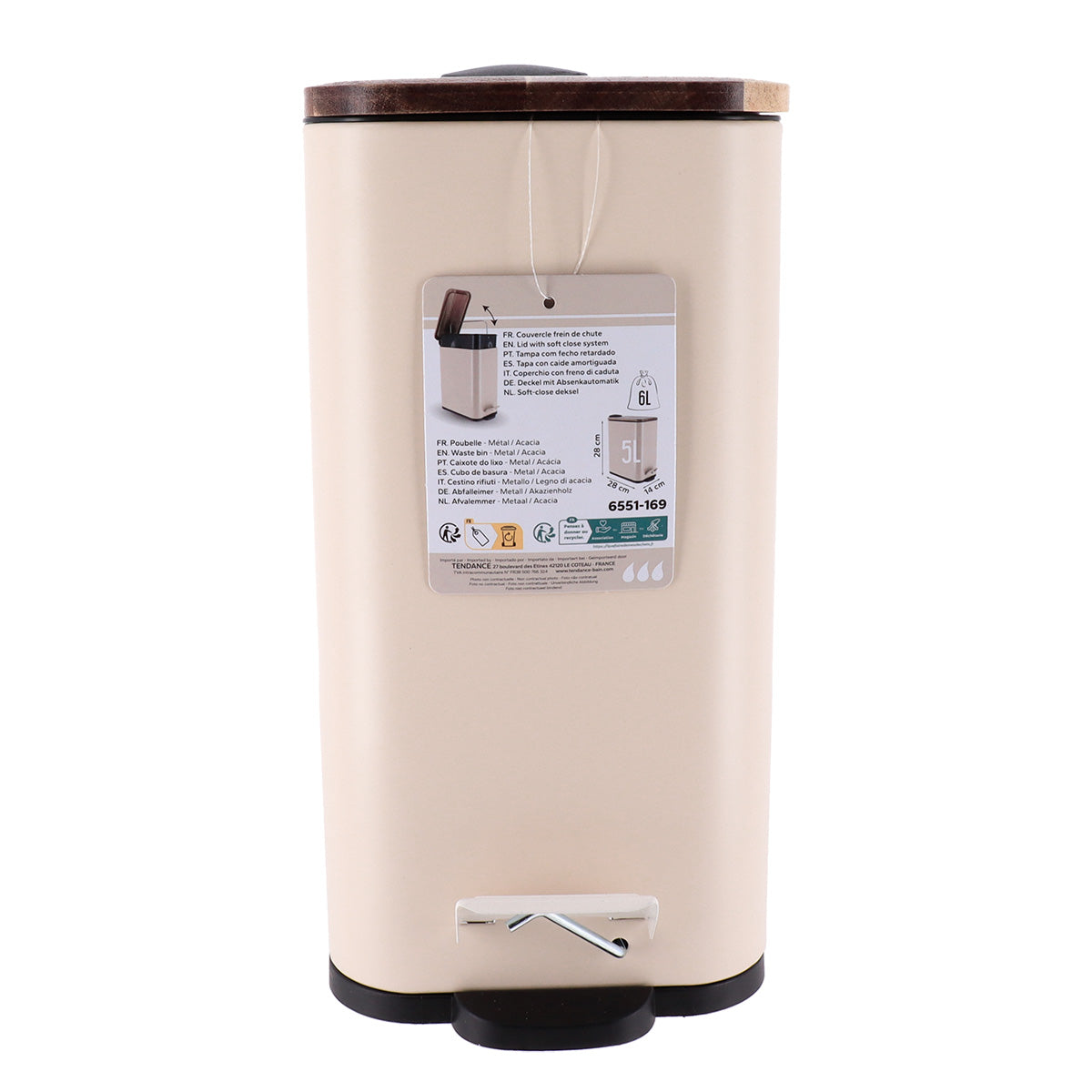 Coș de gunoi dreptunghiular din metal cu închidere lentă și capac acacia 5L – BEIGE