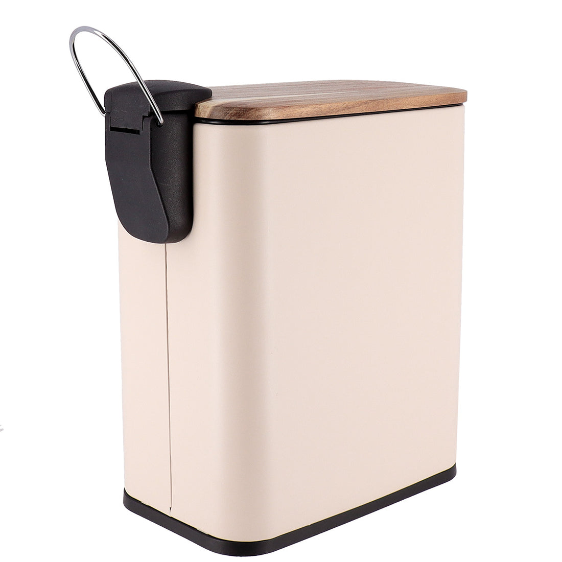 Coș de gunoi dreptunghiular din metal cu închidere lentă și capac acacia 5L – BEIGE
