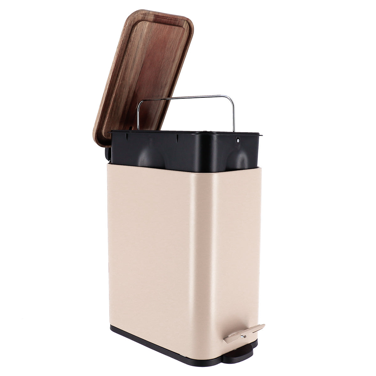 Coș de gunoi dreptunghiular din metal cu închidere lentă și capac acacia 5L – BEIGE