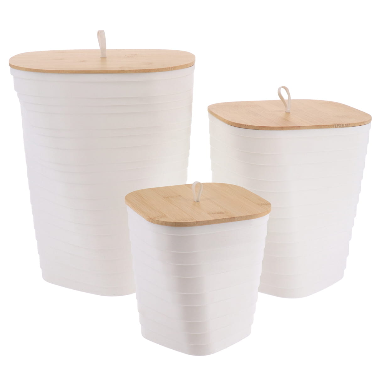 Set 3 coșuri de gunoi din PP imprimat – capac bambus – culoare Alb