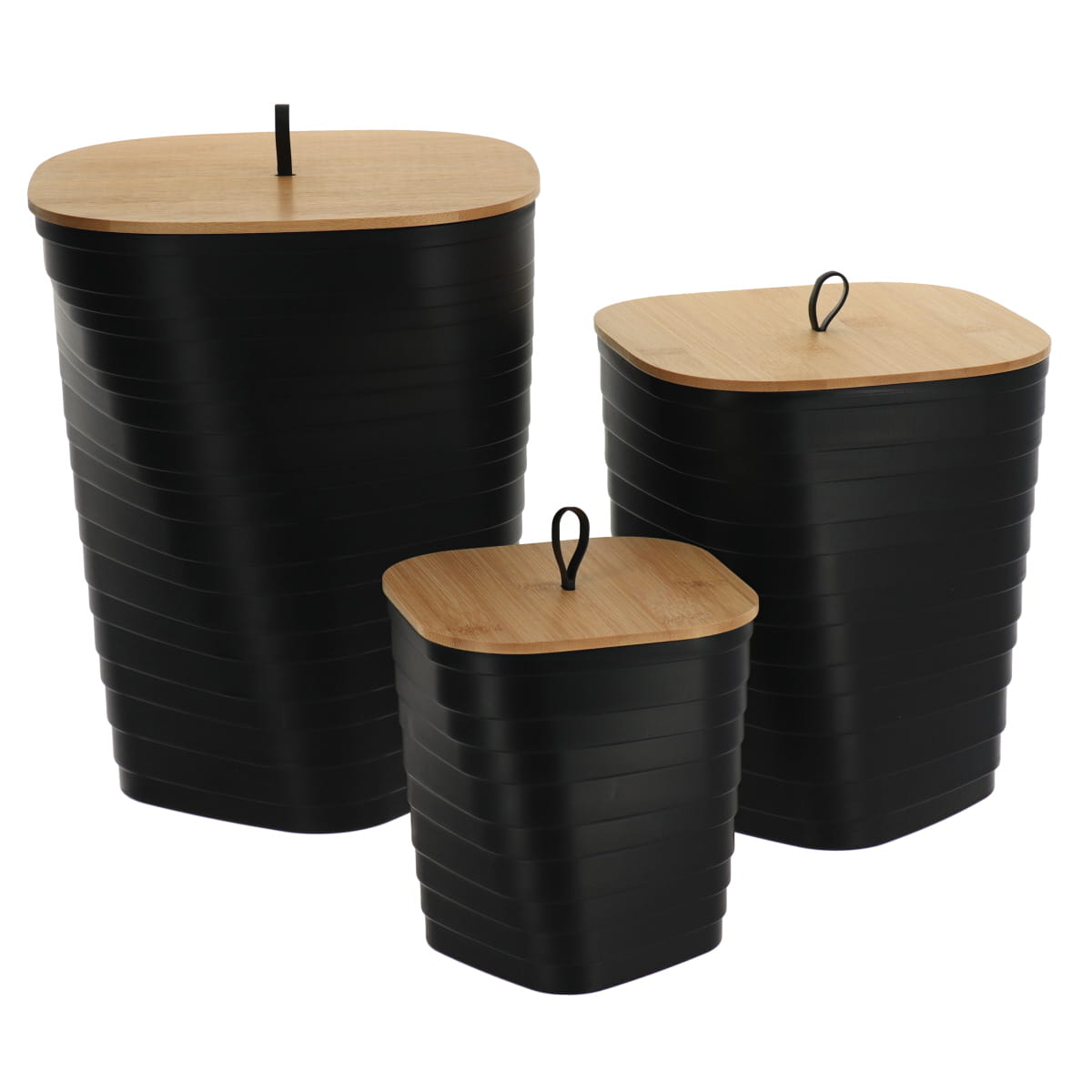 Set 3 coșuri de gunoi din PP imprimat – capac bambus – culoare Negru