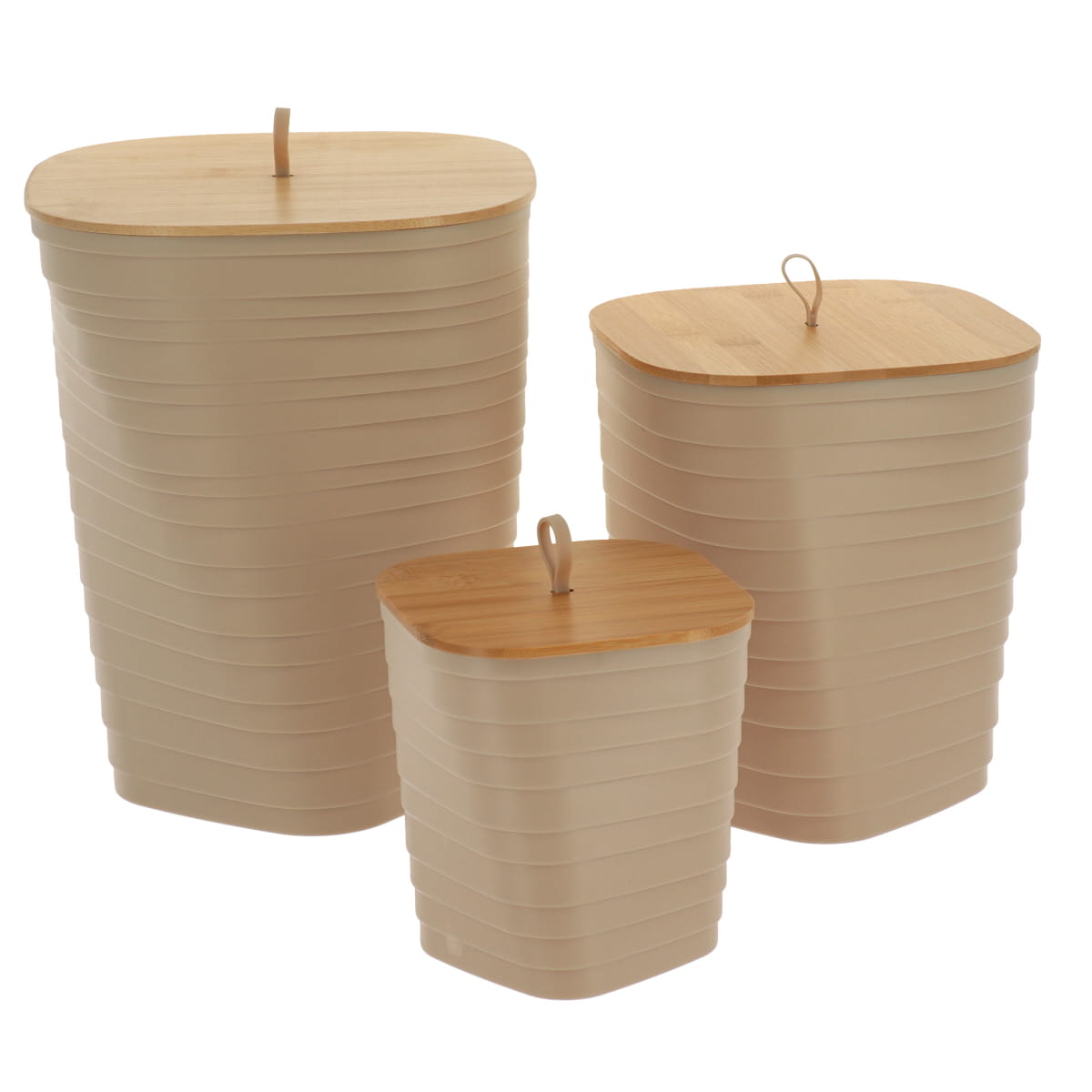 Set 3 coșuri de gunoi din PP imprimat – capac bambus – culoare NATURAL / CREAM