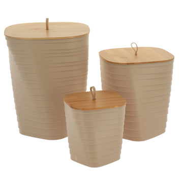 Set 3 coșuri de gunoi din PP imprimat – capac bambus – culoare NATURAL / CREAM