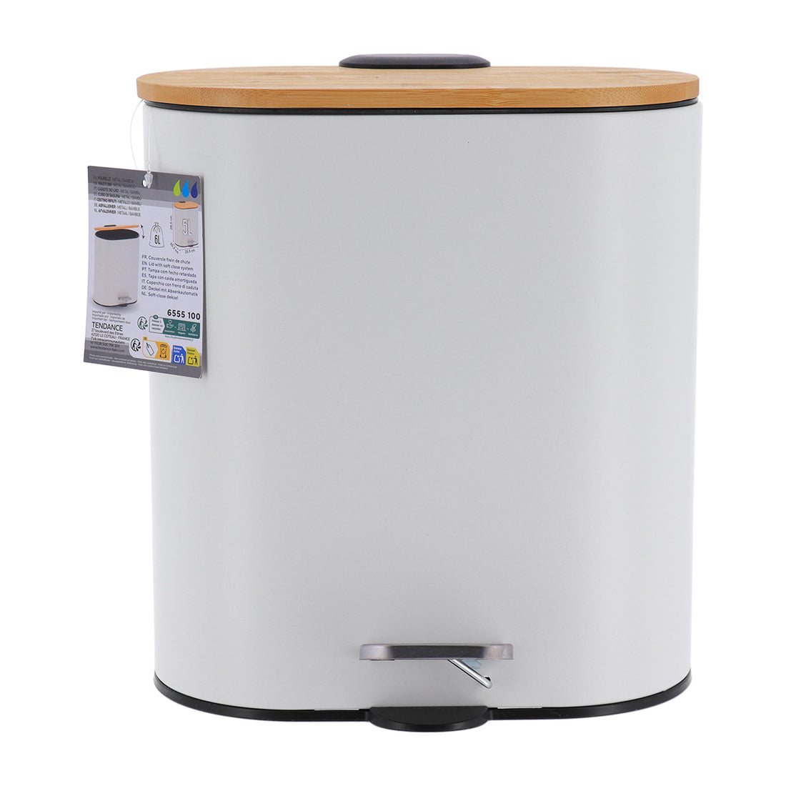 Coș de gunoi oval din metal 5L – capac bambus – sistem soft close – culoare Alb