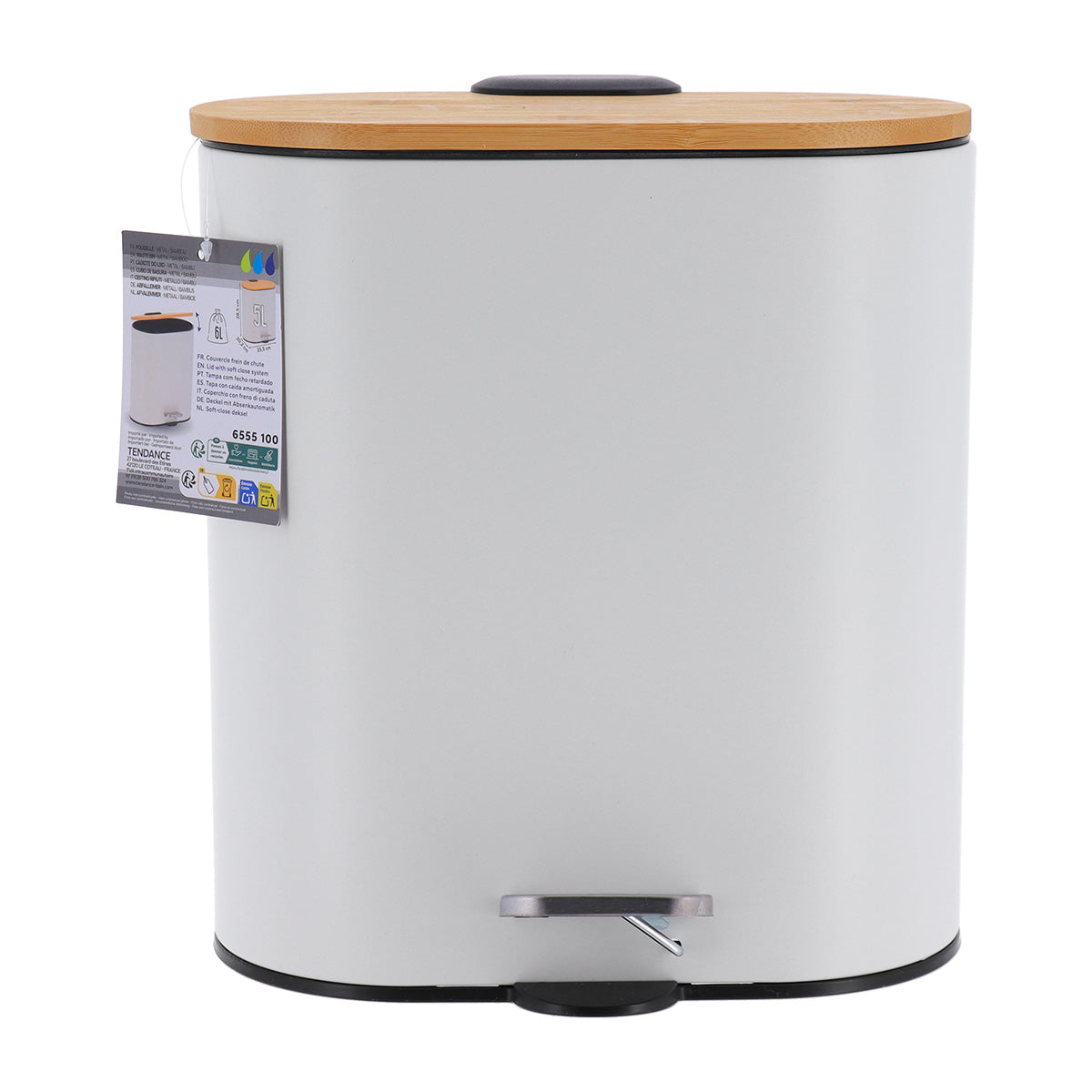 Coș de gunoi oval din metal 5L – capac bambus – sistem soft close – culoare Alb