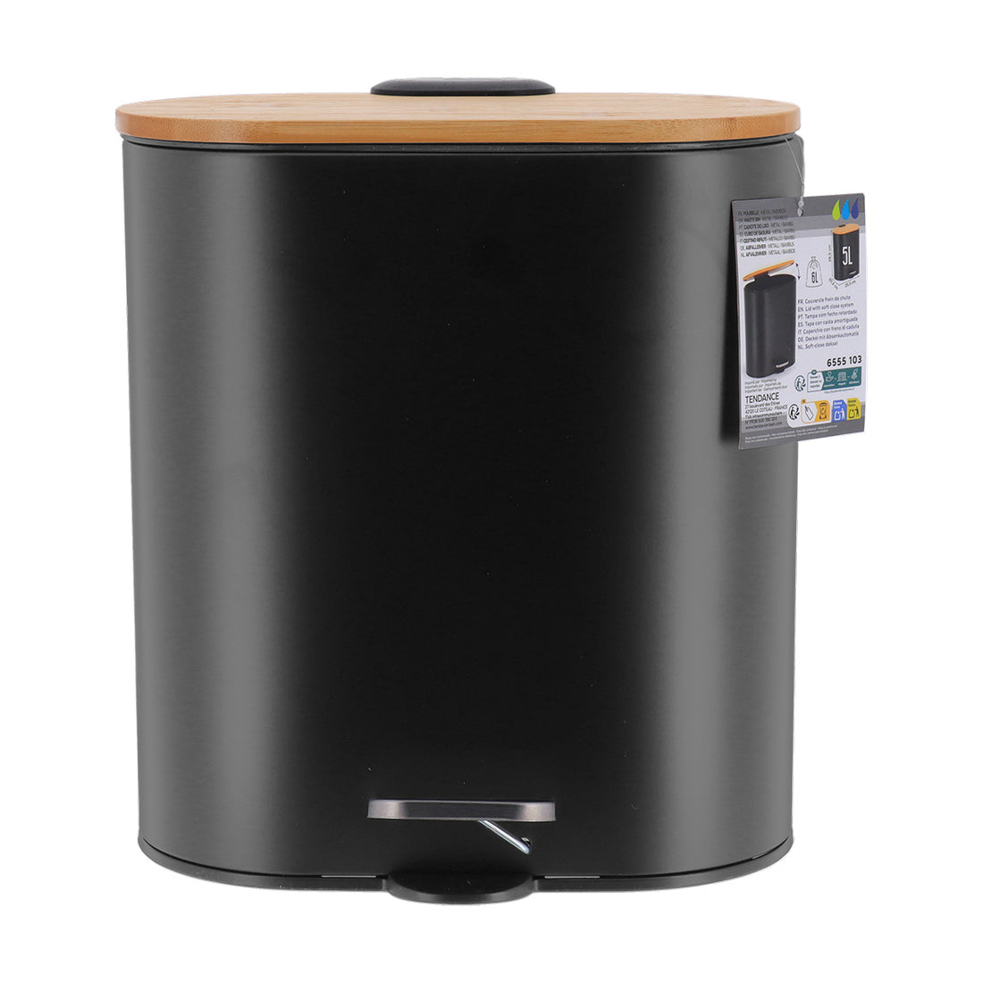 Coș de gunoi oval din metal 5L – capac bambus – sistem soft close – culoare Negru